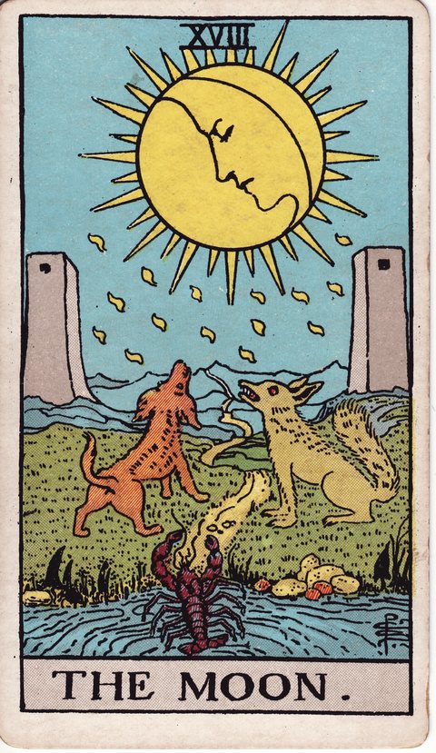 The Moon tarot card (Rider-Waite, 1909)